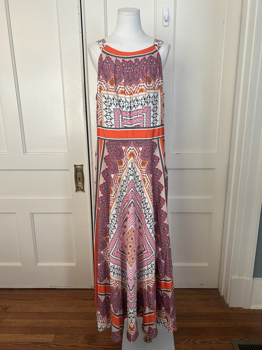 Chico's Geometric Scarf Print Maxi Dress Womens Size Large Orange Pink Boho